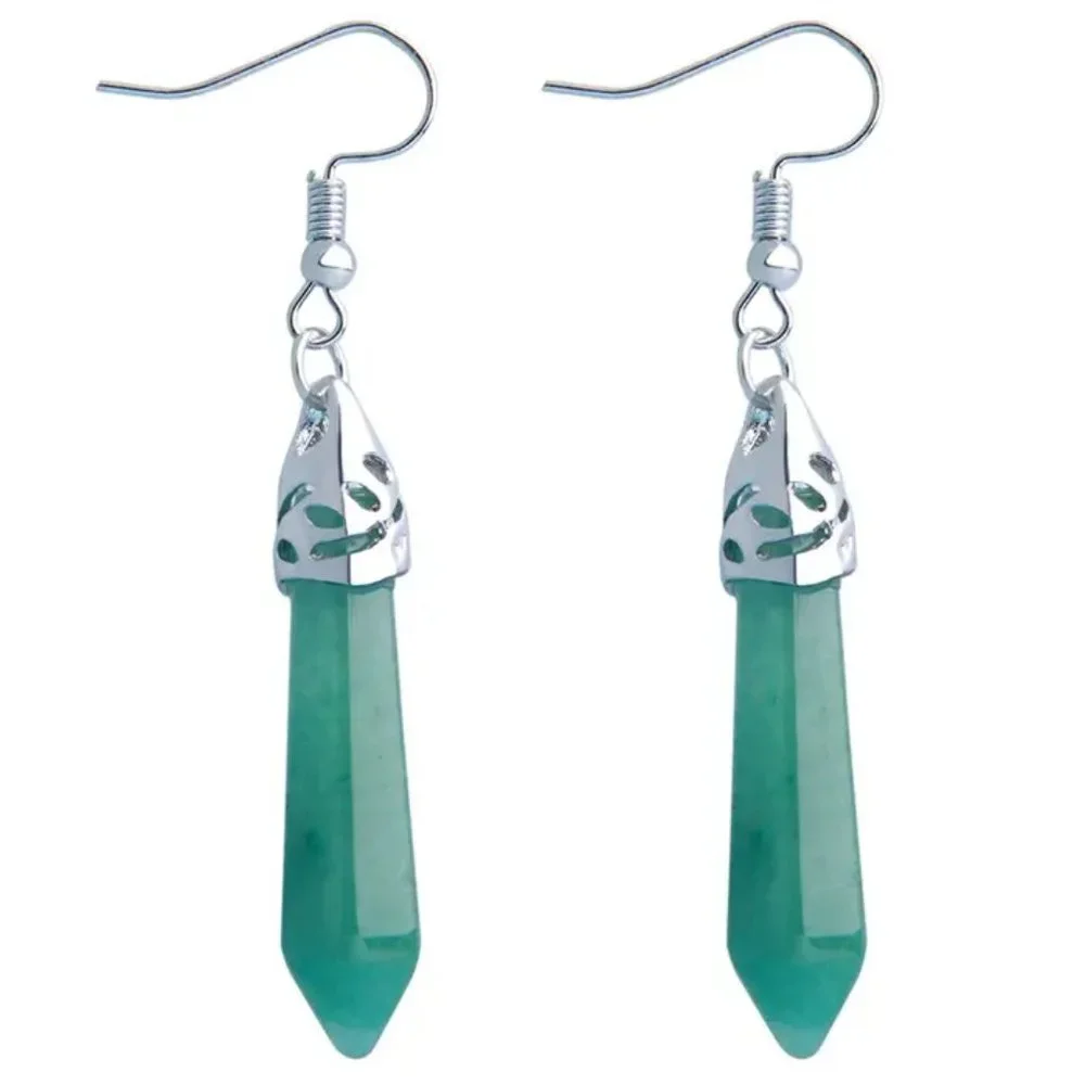 Green Aventurine Natural Stone Gemstone Hexagon Point Healing Dangle Earrings - Picture 2 of 3